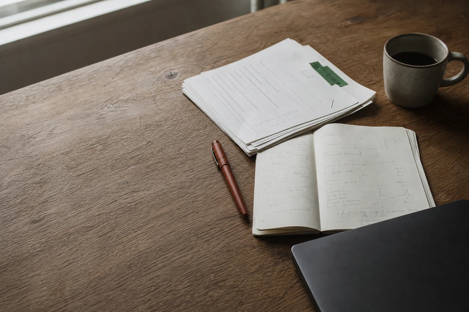 Evaluation forms, a notebook, pen and coffee arranged on a well-used wooden desk.
