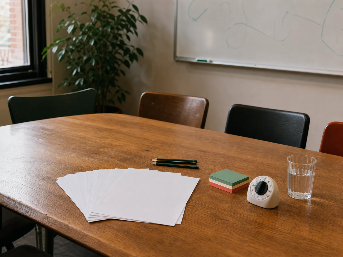 A small meeting table prepared with participant handouts, pencils, sticky notes and a timer.